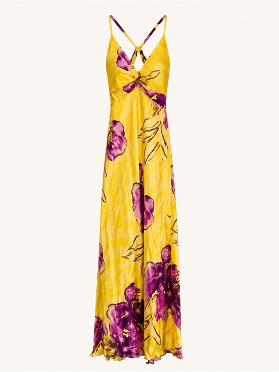 Cache Dresses & Skirts - Cache Vintage Yellow Purple Floral Cutout Maxi Dress Size 6 Y2K